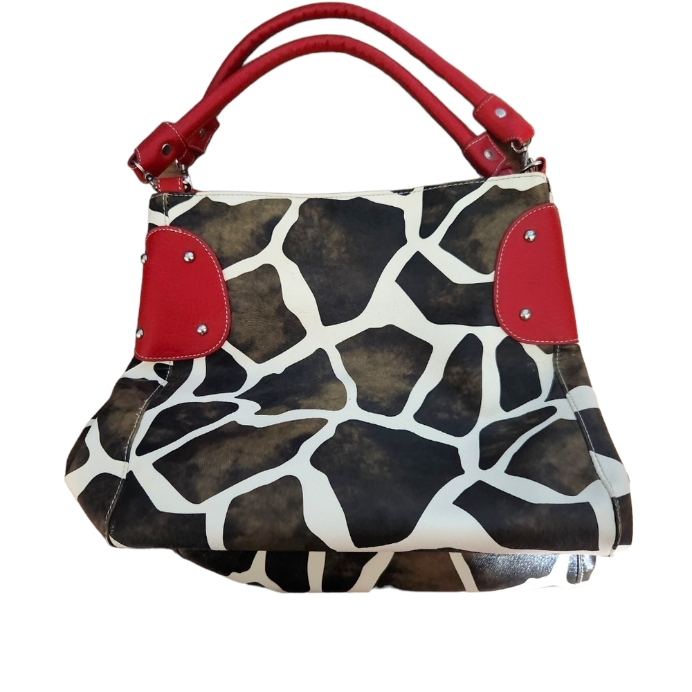 Large Unbranded Giraffe Print Handbag with Red Trim and Interior